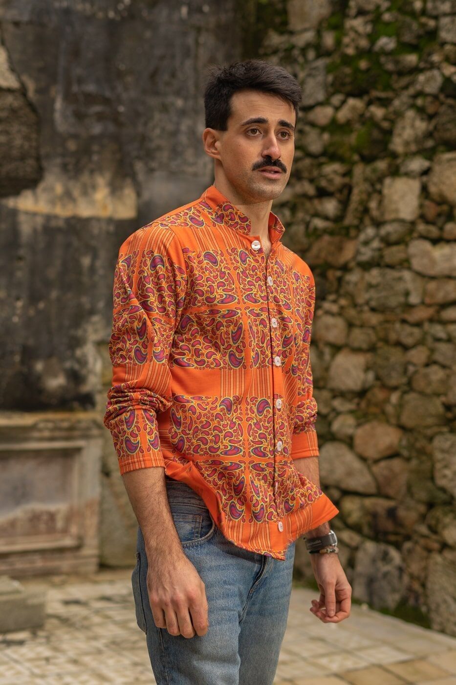 Buy wholesale Orange plush shirt with paisley print and mandarin