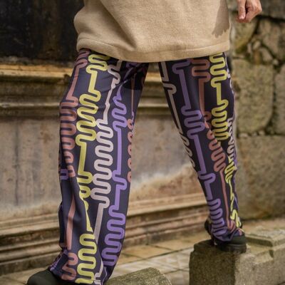 Pantalon palazzo peluche gris imprimé multicolore