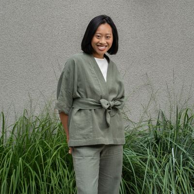 Linen Short Sleeve Cardigan with Belt SAKURA