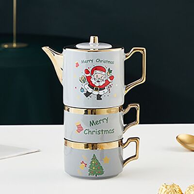 Weihnachtliches Keramikset 400 ml in GRAU bestehend aus 2 Tassen und einer Teekanne DF-927A
