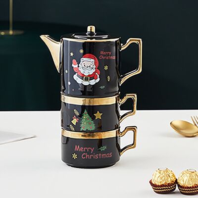 Coffret céramique de Noël 400ml en NOIR composé de 2 mugs et d'une théière DF-927B