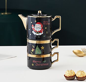 Coffret céramique de Noël 400ml en NOIR composé de 2 mugs et d'une théière DF-927B 1