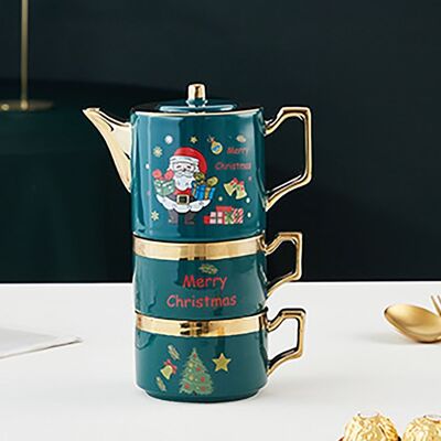 Weihnachtliches Keramikset 400 ml in GRÜN bestehend aus 2 Tassen und einer Teekanne DF-927C