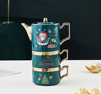 Coffret céramique de Noël 400ml en VERT composé de 2 mugs et d'une théière DF-927C 1