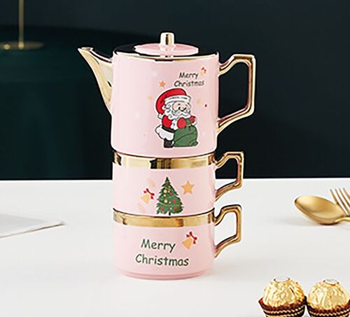 Christmas ceramic set 400ml in PINK consisting of of 2 mugs and teapot DF-927D