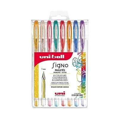 Uni-Ball – SIGNO PAILLETE-Reihe – Ref: UM120SP/8 – Mittelgroßer Tintenroller – Beutel mit 8 – 1 mm – Rosa – Blau – Orange – Grün – Rot – Silber – Gold – Lila/Glitzer