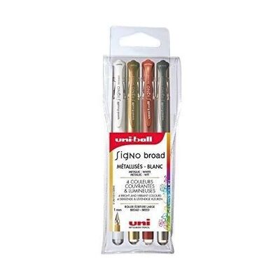 Uni-ball - SIGNO BROAD CREATIVE range - ref: UM153/4 GSW3 - Large writing gel ink roller - Pouch of 4 - 1 mm - Gold - Silver - White - Bronze