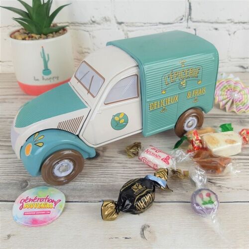 Coffret bonbon Fourgonnette 2 CV en métal rempli de bonbons anciens des années 60 et 70