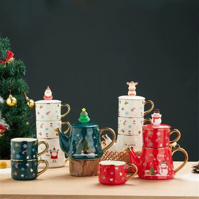 Weihnachtliches Keramikset ROT MIT SCHNEEMANN 520 ml bestehend aus 2 Tassen und Teekanne DF-928B