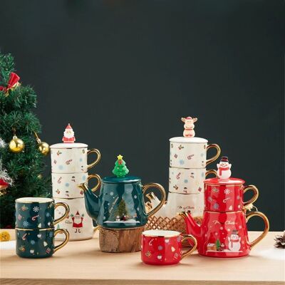 Set en céramique de Noël VERT AVEC ARBRE DE NOËL 520ml composé de 2 tasses et théière DF-928C