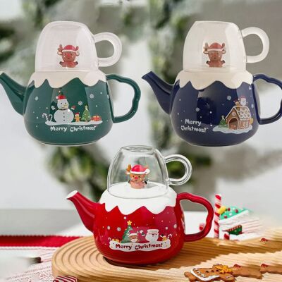 Coffret en céramique de Noël composé d'une théière de 800 ml et d'un mug transparent. Disponible en 3 couleurs : BLEU - ROUGE - VERT DF-929
