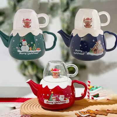 Coffret en céramique de Noël composé d'une théière de 800 ml et d'un mug transparent. Disponible en 3 couleurs : BLEU - ROUGE - VERT DF-929