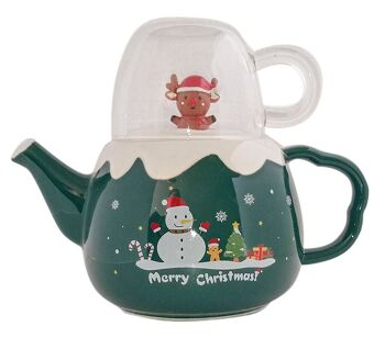 Coffret en céramique de Noël composé d'une théière de 800 ml et d'un mug transparent. Disponible en 3 couleurs : BLEU - ROUGE - VERT DF-929 2