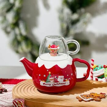 Coffret en céramique de Noël composé d'une théière de 800 ml et d'un mug transparent. Disponible en 3 couleurs : BLEU - ROUGE - VERT DF-929 8