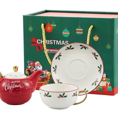 Set natalizio in ceramica composto da teiera da 420 ml, tazza, piattino e cucchiaio DF-930