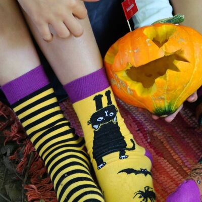 DEXTER Halloween-Socken mit schwarzer Katze und Streifen