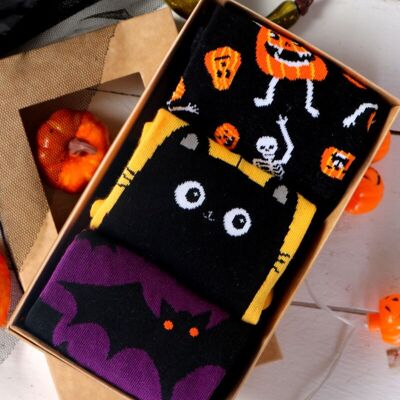 Coffret Halloween CHAT NOIR avec 3 paires de chaussettes