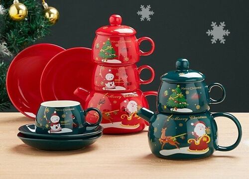 Christmas ceramic set in RED color consisting of a teapot, 2 mugs and 2 saucers DF-931A