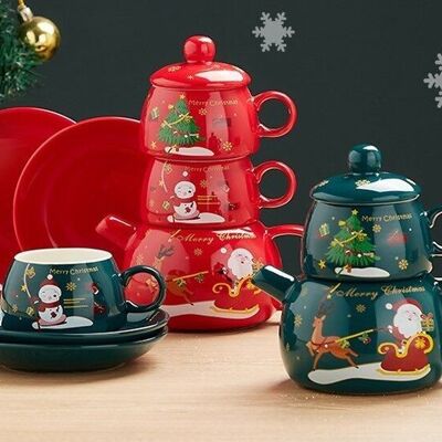 Conjunto navideño de cerámica en color ROJO compuesto por tetera, 2 tazas y 2 platillos DF-931A