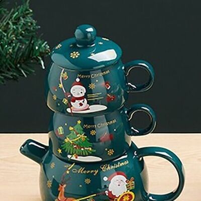 Weihnachtliches Keramikset in der Farbe GRÜN, bestehend aus einer Teekanne, 2 Tassen und 2 Untertassen DF-931B
