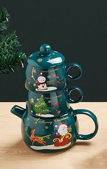 Service en céramique de Noël de couleur VERT composé d'une théière, de 2 mugs et de 2 soucoupes DF-931B