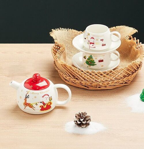 Christmas ceramic set in WHITE WITH RED LID consisting of a teapot, 2 mugs and 2 saucers DF-931C