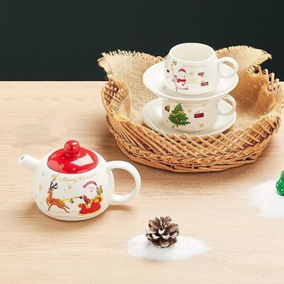 Christmas ceramic set in WHITE WITH RED LID consisting of a teapot, 2 mugs and 2 saucers DF-931C