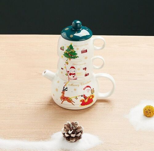Christmas ceramic set in WHITE WITH GREEN LID consisting of a teapot, 2 mugs and 2 saucers DF-931D