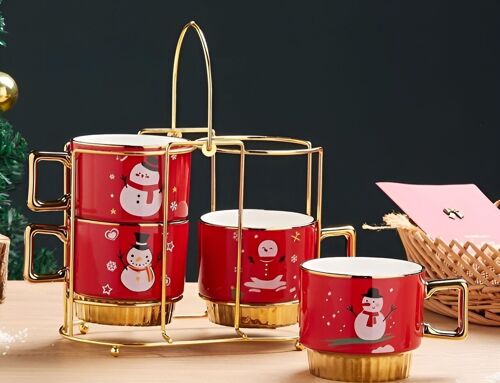 Christmas set with ceramic mugs and metal base DF-952