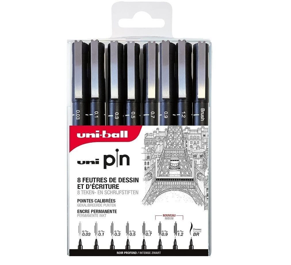 Uni-ball - Gamme POINTES CALIBREES -  réf : PIN/8 ASP010 - Feutres techniques - Noir - Brush et pointes calibrées 0,03/0,1/0,3/0,5/0,7/0,9/1,2 - Pochette de 8  -