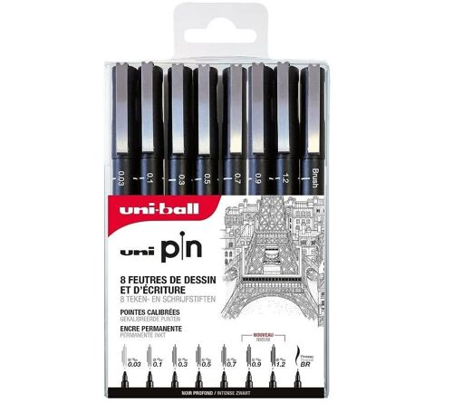 Uni-ball - Gamme POINTES CALIBREES -  réf : PIN/8 ASP010 - Feutres techniques - Noir - Brush et pointes calibrées 0,03/0,1/0,3/0,5/0,7/0,9/1,2 - Pochette de 8  -