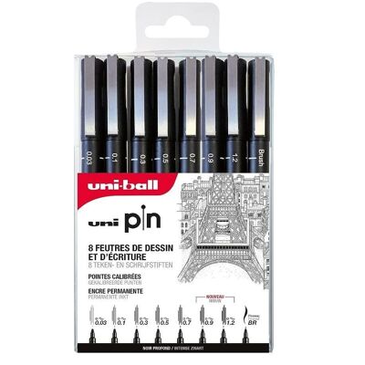 Uni-ball - CALIBRATE POINTS range - ref: PIN/8 ASP010 - Technical markers - Black - Brush and calibrated tips 0.03/0.1/0.3/0.5/0.7/0.9/1, 2 - Pack of 8 -