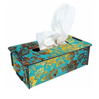 Tissue box - flowers blue-gold made of wood