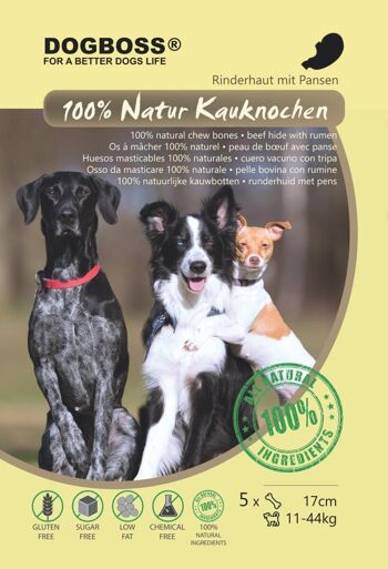 DOGBOSS Os à mâcher 100% naturels, peau de bœuf avec tripes, os de chien, lot de 5 en 12 cm (5x55g=275g), 17 cm (5x115g=575g) ou 22 cm (5x210g=1050g) 9