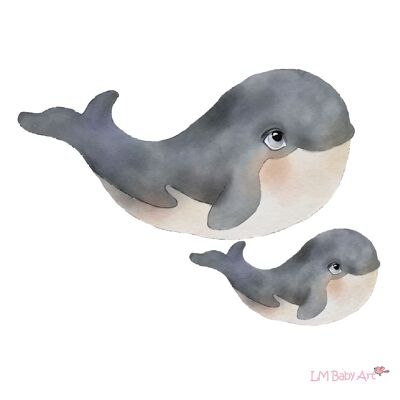 Muursticker grote walvis met baby walvis