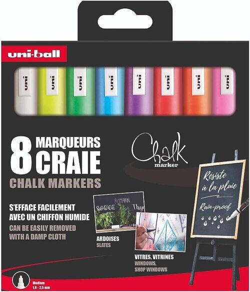 Buy wholesale Uni-ball - CHALK MARKER range - ref: PWE5M/8 PF - Chalk marker  medium conical tip - Pouch of 8 - 1.8 - 2.5 mm - White, Fluorescent yellow,  light blue, purple, Fluorescent orange, Red, Pink neon, Neon Green