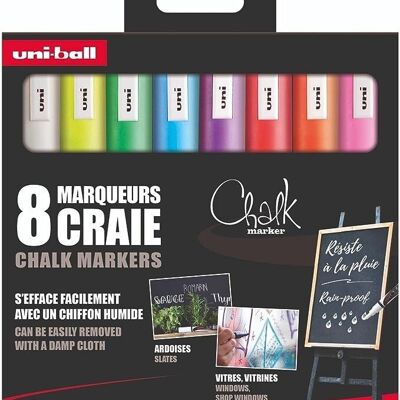 Uni-ball - Gamme CHALK MARKER - réf : PWE5M/8 PF - Marqueur craie pointe conique moyenne - Pochette de 8 - 1,8 - 2,5 mm - Blanc, Jaune fluo, bleu clair, violet, Orange fluo, Rouge, Rose fluo, Vert Fluo