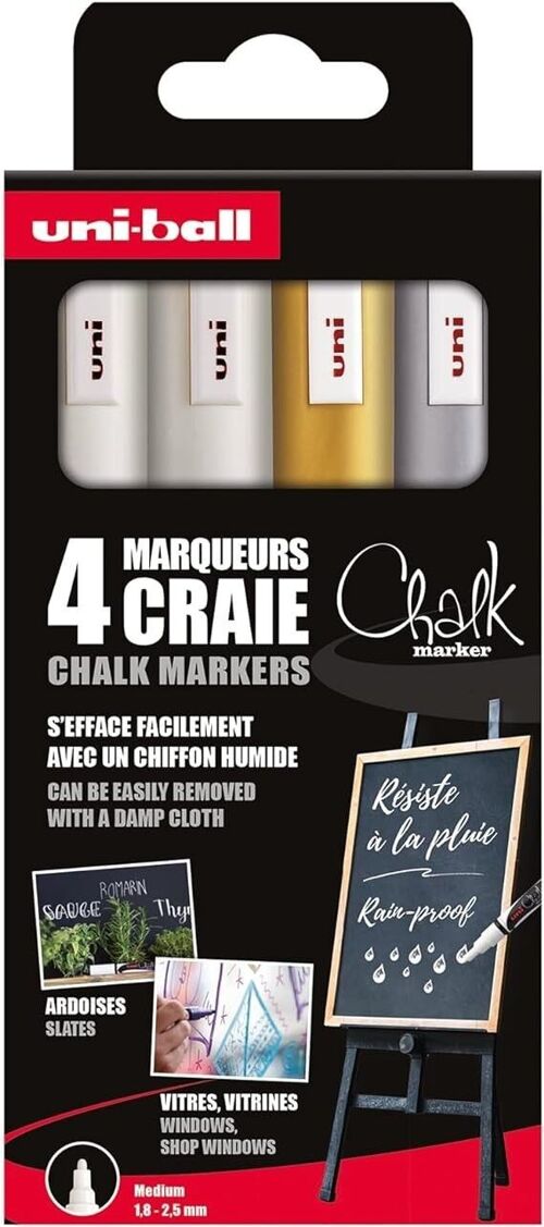 Uni-ball - Gamme CHALK MARKER -  réf : PWE5M/4 PF ASSF46 - Marqueur craie pointe conique moyenne - Pochette de 4  - 1,8 - 2,5 mm - 2 blancs, or, Argent