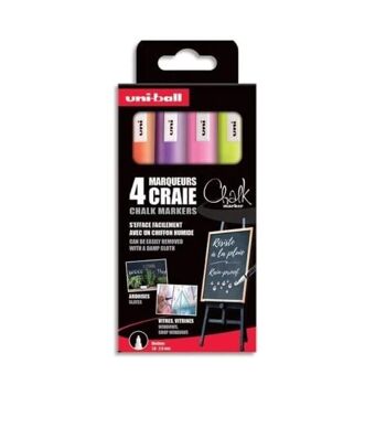 Uni-ball - Gamme CHALK MARKER -  réf : PWE5M/4 PF ASSF16 - Marqueur craie pointe conique moyenne - Pochette de 4  - 1,8 - 2,5 mm - Jaune fluo, Orange fluo, Rose fluo, Violet 1