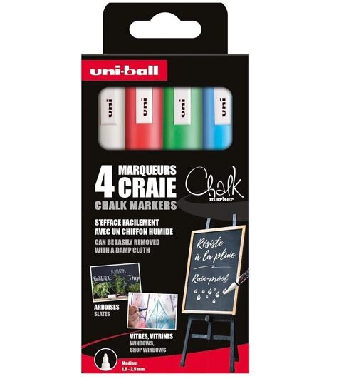 Uni-ball - Gamme CHALK MARKER -  réf : PWE5M/4 PF ASSF15 - Marqueur craie pointe conique moyenne - Pochette de 4  - 1,8 - 2,5 mm - Blanc, vert fluo, Rouge, Bleu clair