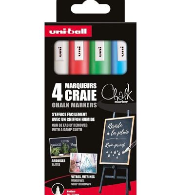 Uni-ball - CHALK MARKER range - ref: PWE5M/4 PF ASSF15 - Chalk marker medium conical tip - Pack of 4 - 1.8 - 2.5 mm - White, fluorescent green, red, light blue