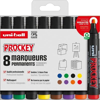 Uni-ball - Gamma PROCKEY - rif: PM126/8 PF - Marcatore con punta a scalpello grande - Busta da 8 - 5,7 mm - Nero, blu, rosso, verde, giallo, marrone, viola, arancione