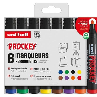 Uni-Ball – PROCKEY-Reihe – Ref: PM122/8 PF – Marker mit mittlerer konischer Spitze – Beutel mit 8 – 1,8 – 2,2 mm – Schwarz, Blau, Rot, Grün, Gelb, Braun, Lila, Orange