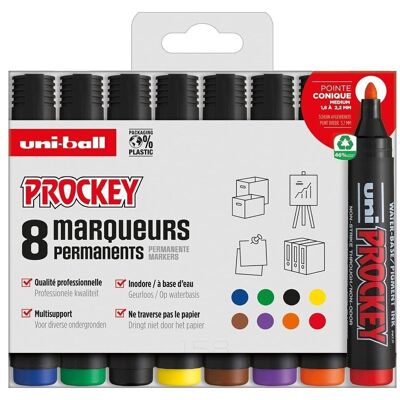 Uni-ball - Gamme PROCKEY -  réf : PM122/8 PF - Marqueur pointe conique moyenne - Pochette de 8  - 1,8 - 2,2 mm - Noir, bleu, rouge, vert, jaune, marron, violet, orange