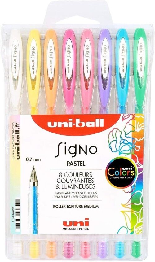 Uni-ball - Gamme SIGNO PASTEL -  réf : UM120AC  - Roller écriture moyenne - Pochette de 8  - 0,7 mm - Blanc - Jaune -  Orange - Rose - Rouge - Violet - Bleu - Vert / pastels