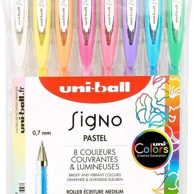 Uni-Ball – SIGNO PASTEL-Reihe – Ref: UM120AC – Mittelgroßer Tintenroller – Beutel mit 8 Stück – 0,7 mm – Weiß – Gelb – Orange – Rosa – Rot – Violett – Blau – Grün / Pastellfarben