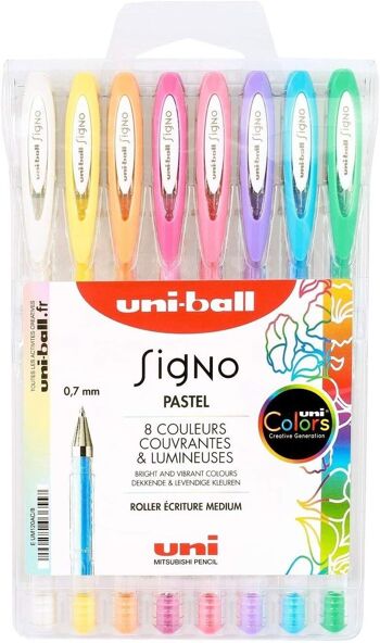 Uni-ball - Gamme SIGNO PASTEL -  réf : UM120AC  - Roller écriture moyenne - Pochette de 8  - 0,7 mm - Blanc - Jaune -  Orange - Rose - Rouge - Violet - Bleu - Vert / pastels 1