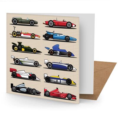 Tarjeta de felicitación de coche de carreras Grand Prix (150 x 150 en blanco)