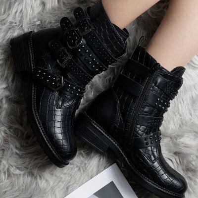 Croc effect heeled ankle boots - F5778