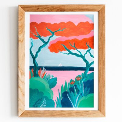 Beach and pine forest landscape poster in A4 format